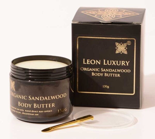 Sandalwood-body butter jar-lid-spoon-and-box